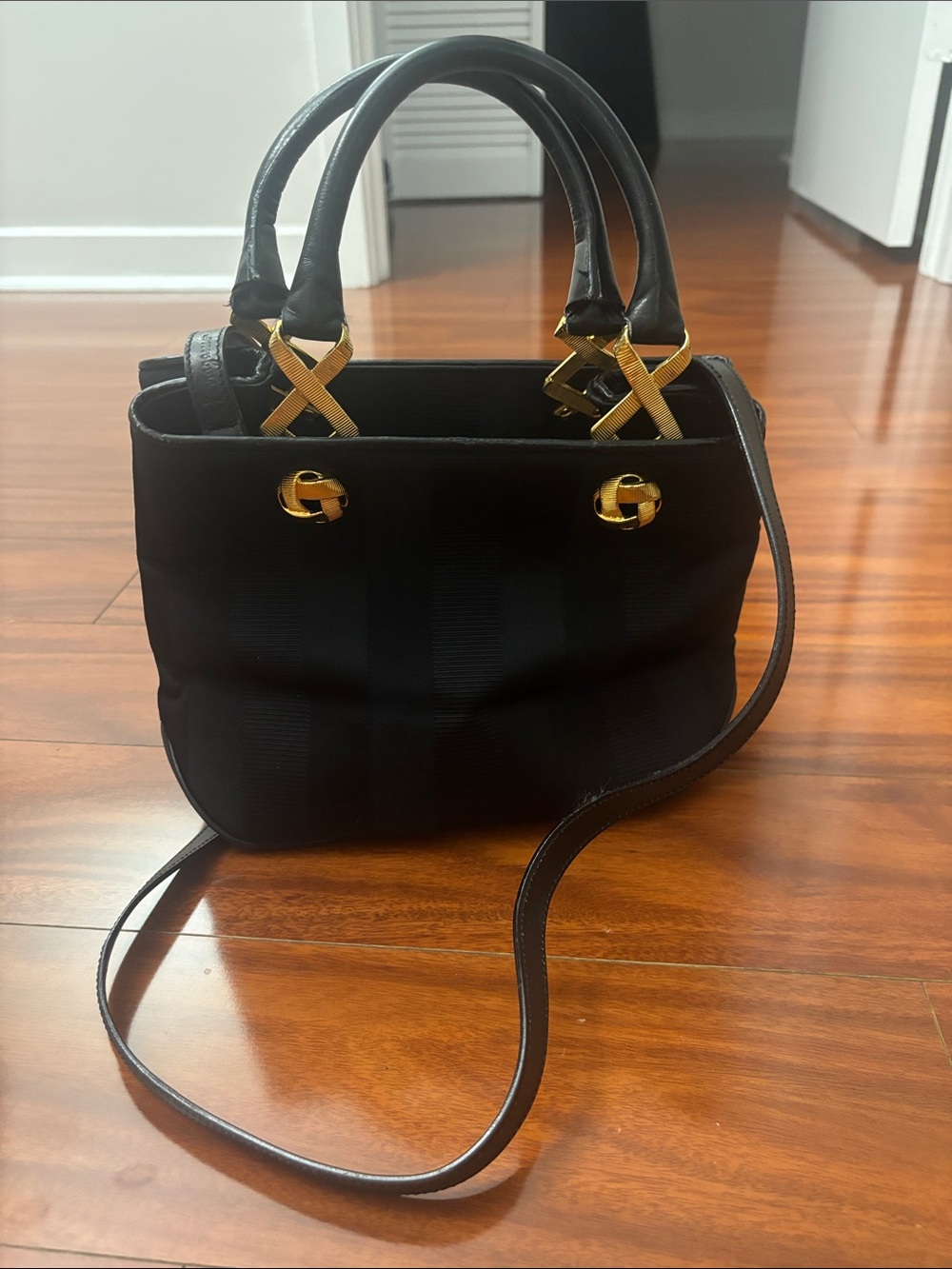 Salvatore Ferragamo Black Shoulder & Top-Handle Bag with Gold Hardware
